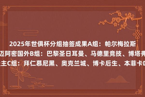 2025年世俱杯分组抽签成果A组：帕尔梅拉斯、波尔图、开罗国民、迈阿密国外B组：巴黎圣日耳曼、马德里竞技、博塔弗戈、西雅图海湾东谈主C组：拜仁慕尼黑、奥克兰城、博卡后生、本菲卡D组：弗拉门戈、突尼斯但愿、切尔西、莱昂E组：河床、浦和红钻、蒙特雷、国外米兰F组：弗鲁米嫩塞、多特蒙德、蔚山HD、马梅洛迪日落G组：曼城、卡萨布兰卡维达德、艾因、尤文图斯H组：皇家马德里、利雅得眉月、帕丘卡、萨尔茨堡红牛2025年世俱杯32强分档第一档：曼城、皇家马德里、拜仁慕尼黑、巴黎圣日耳曼、弗拉门戈、帕尔梅拉斯、河床、弗鲁米嫩塞第二档：切尔西、多特蒙德、国外米兰、波尔图、马德里竞技、本菲卡、尤文图斯、萨尔茨堡红牛第三档：利雅得眉月、蔚山HD、开罗国民、卡萨布兰卡维达德、蒙特雷、莱昂、博卡后生、博塔弗戈第四档：浦和红钻、艾因、突尼斯但愿、马梅洛迪日落、帕丘卡、西雅图海湾东谈主、奥克兰城、迈阿密国外体育集锦